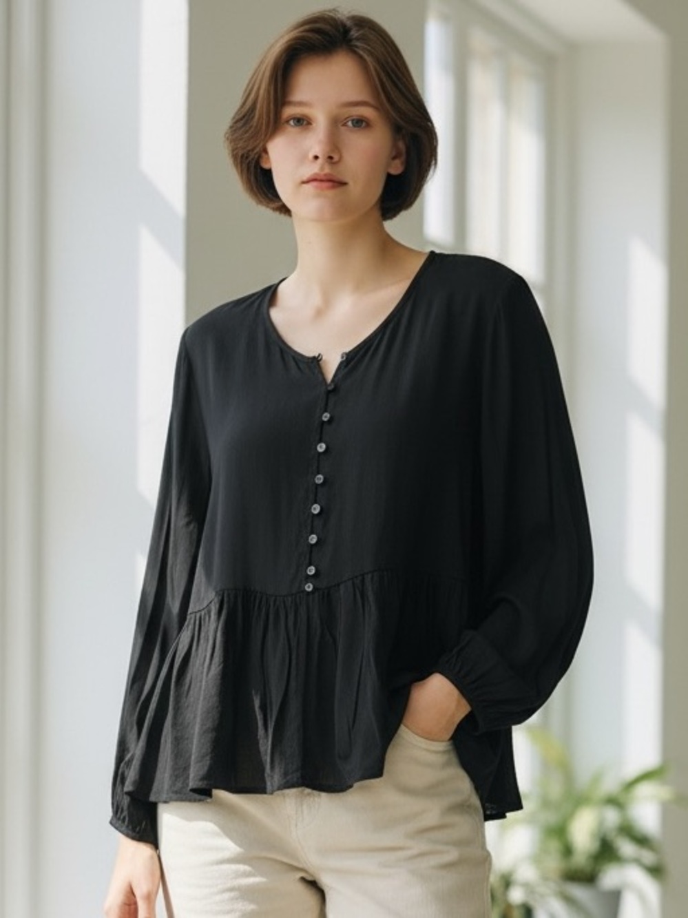 Olivaceous Black Button-Front Asymmetrical Peplum Hem Blouse